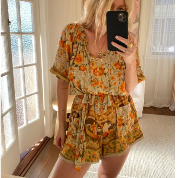 Spell The Gypsy Collective Seashell Floral Print Tie Neck Romper